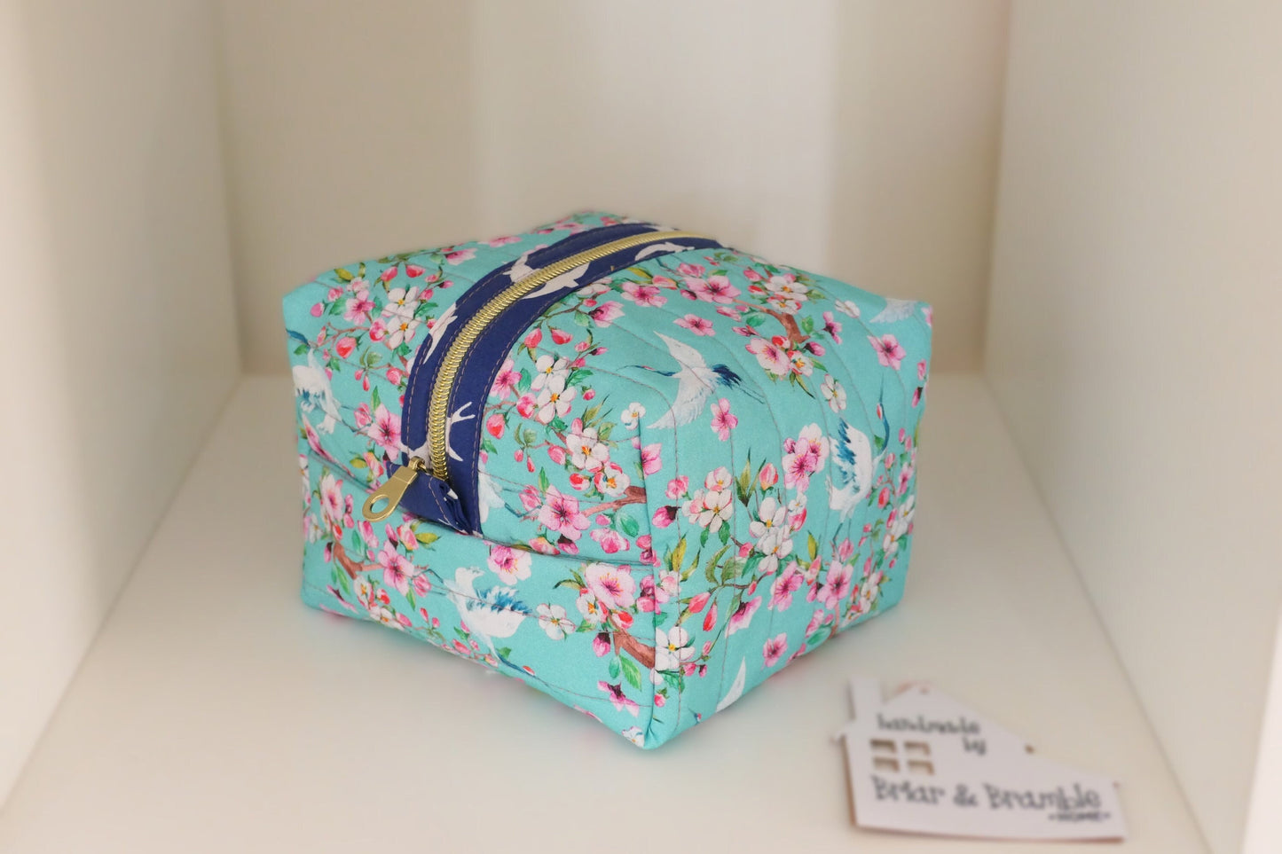 Handmade Floral Quilted Box Pouch: Cotton Cosmetic Bag