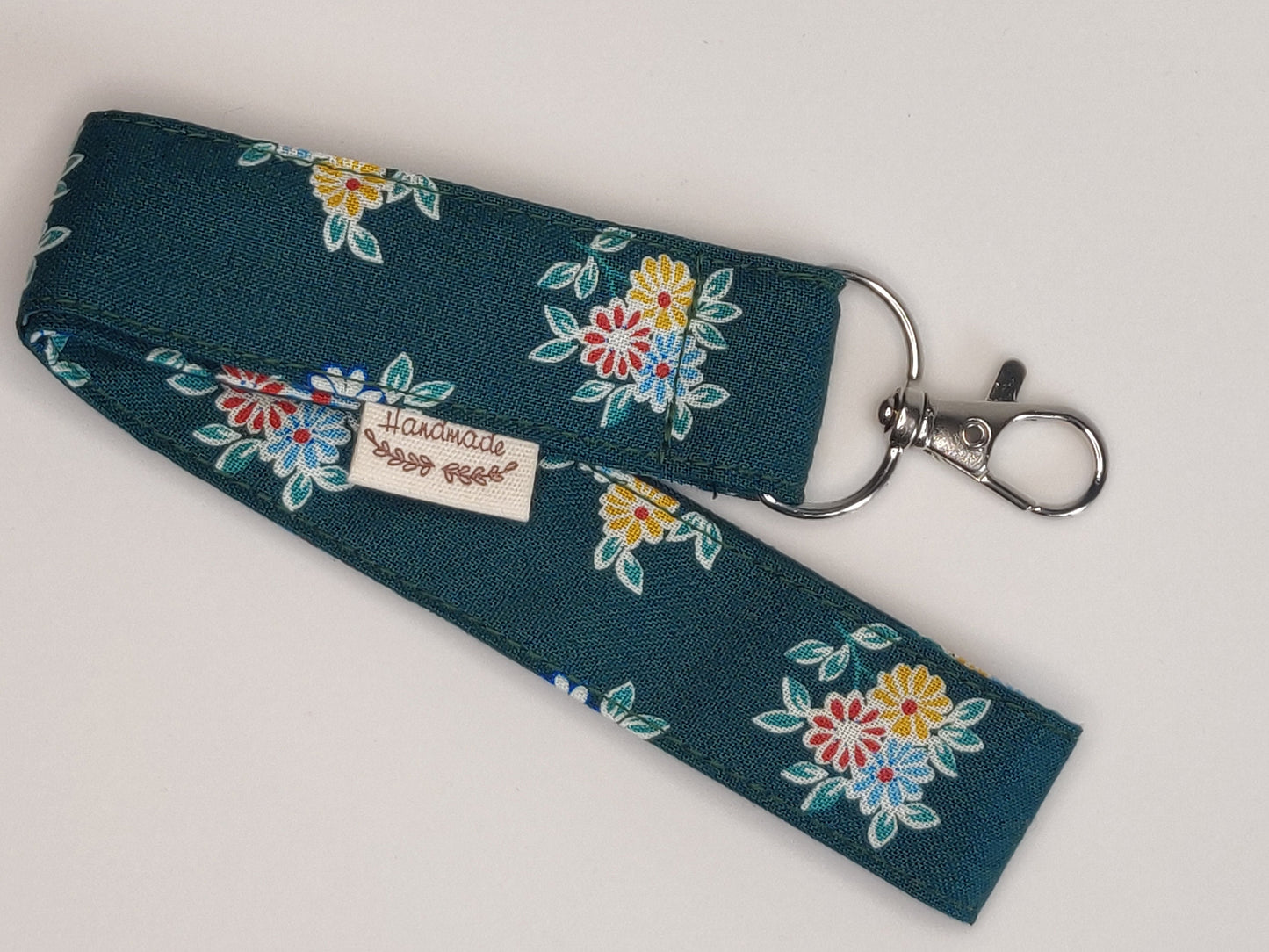 Floral Cotton Wristlet Keychain: Silver Swivel Clasp Keyring