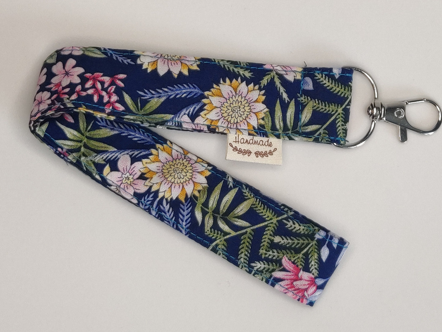 Floral Cotton Wristlet Keychain: Silver Swivel Clasp Keyring