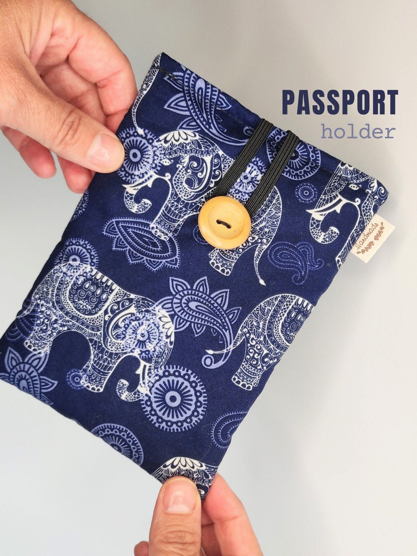 Elephant Print Passport Holder: Cotton Travel Wallet, Handmade