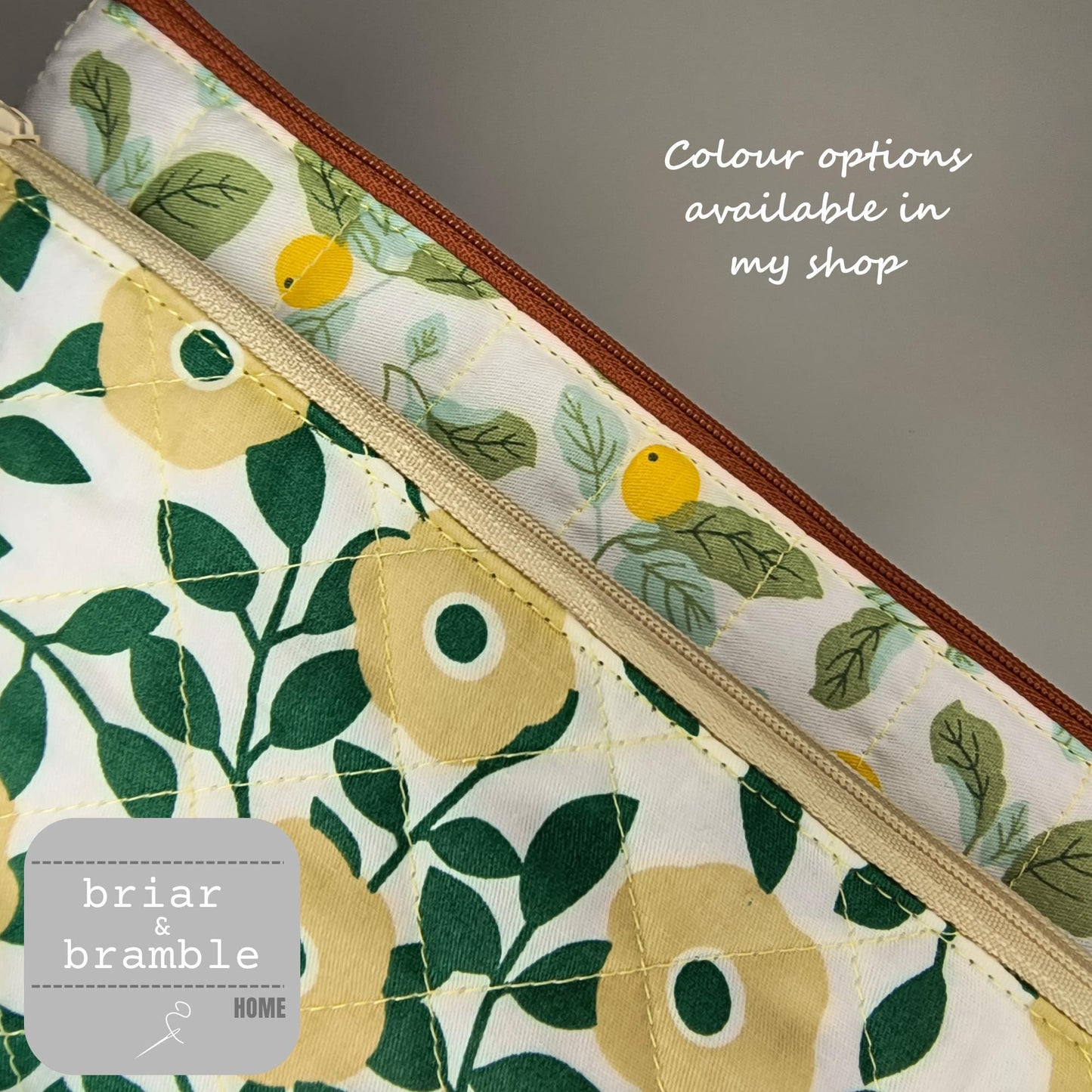 Floral Quilted Cotton Pencil Case: Green & Yellow Zipper Pouch
