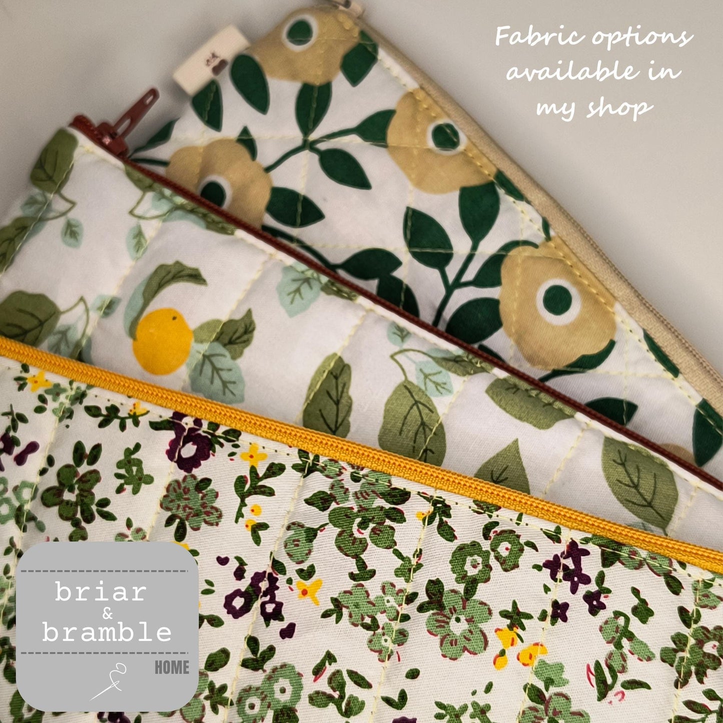 Floral Quilted Cotton Pencil Case: Green & Yellow Zipper Pouch