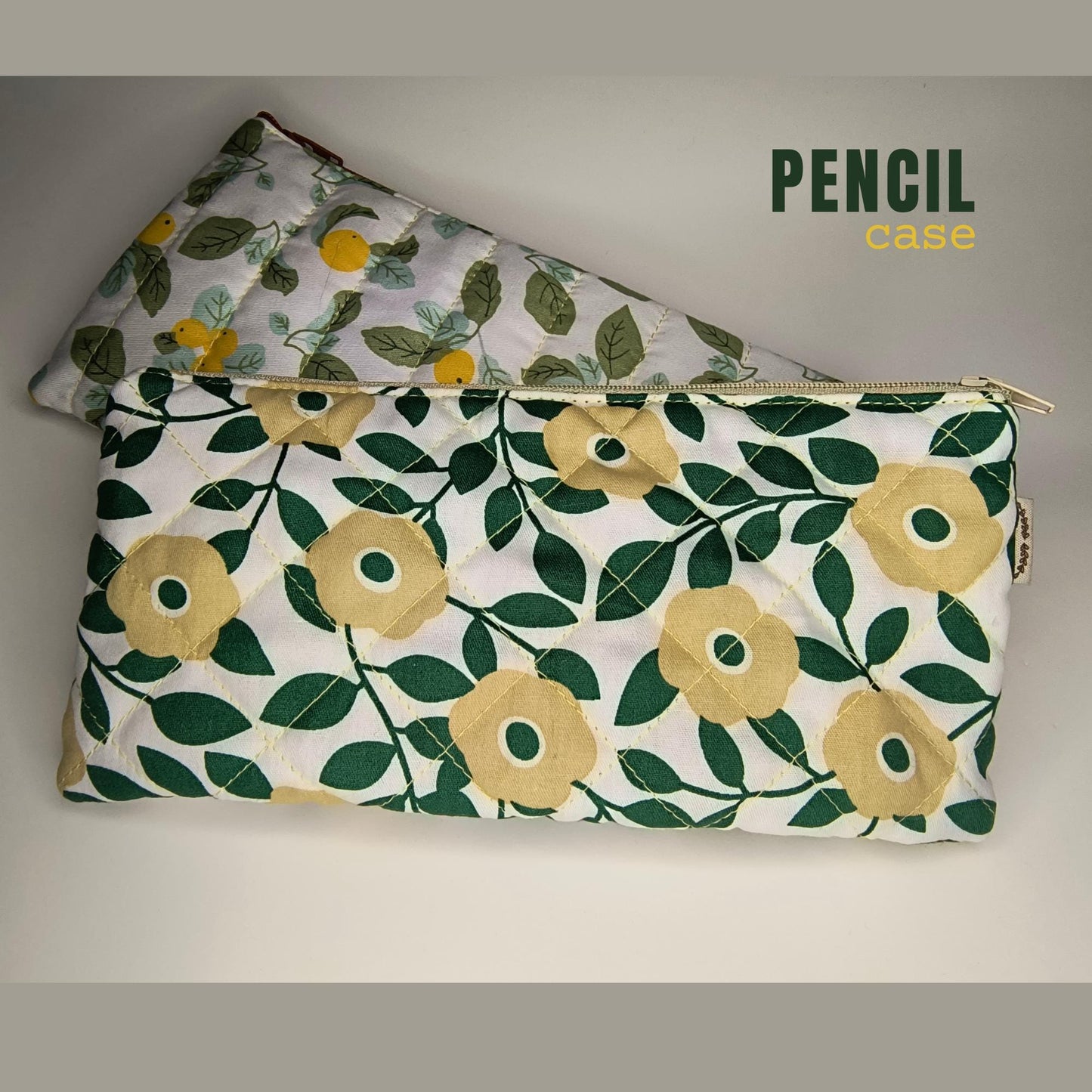Floral Quilted Cotton Pencil Case: Green & Yellow Zipper Pouch
