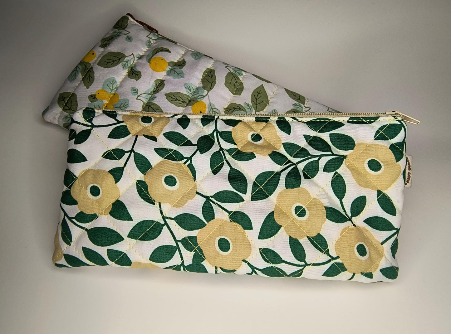 Floral Quilted Cotton Pencil Case: Green & Yellow Zipper Pouch