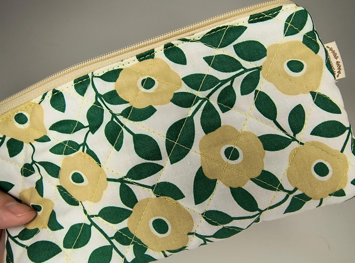 Floral Quilted Cotton Pencil Case: Green & Yellow Zipper Pouch
