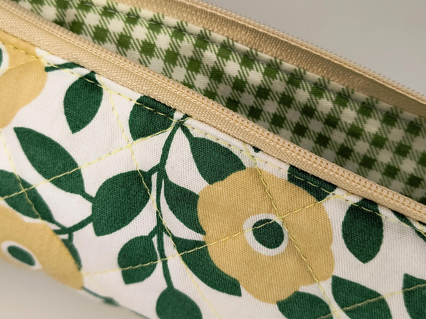 Floral Quilted Cotton Pencil Case: Green & Yellow Zipper Pouch