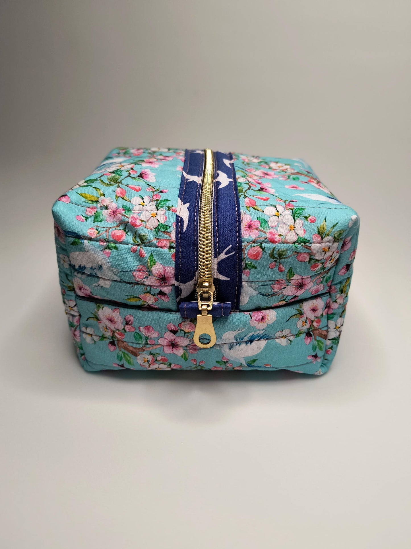 Handmade Floral Quilted Box Pouch: Cotton Cosmetic Bag