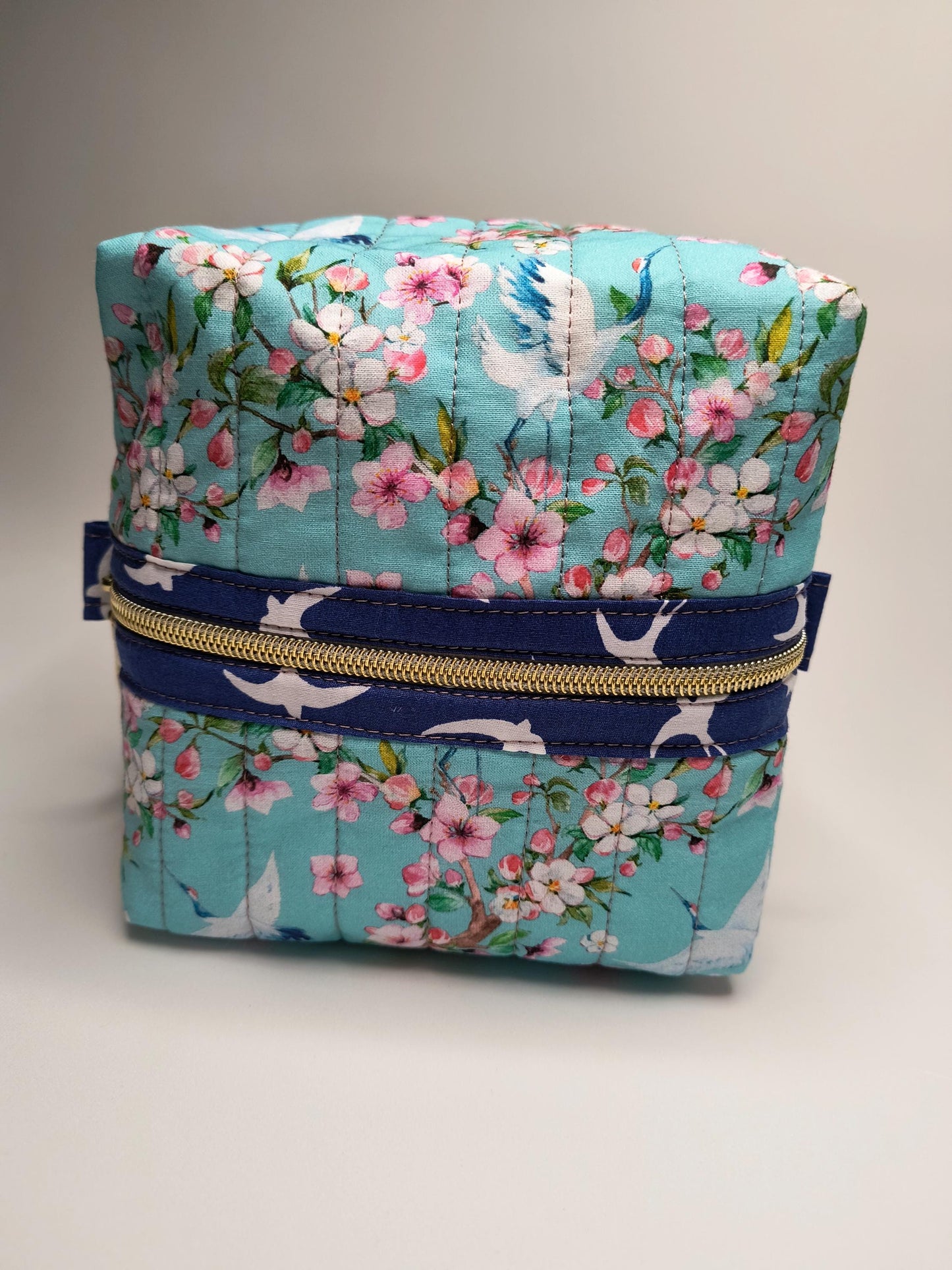 Handmade Floral Quilted Box Pouch: Cotton Cosmetic Bag