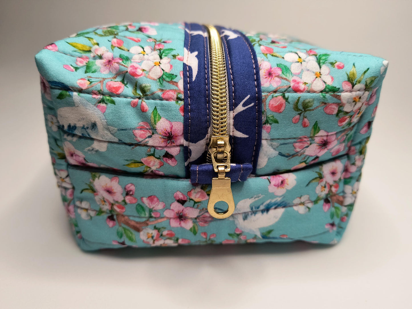 Handmade Floral Quilted Box Pouch: Cotton Cosmetic Bag