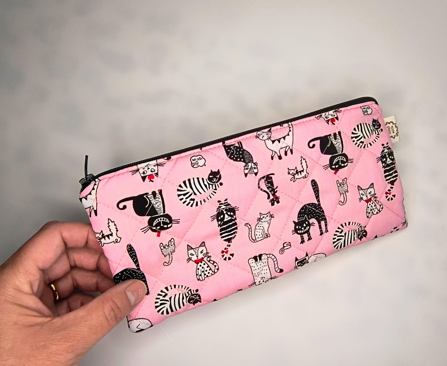 Handmade Pink Cat Print Pencil Case: Quilted Cotton Pen Pouch