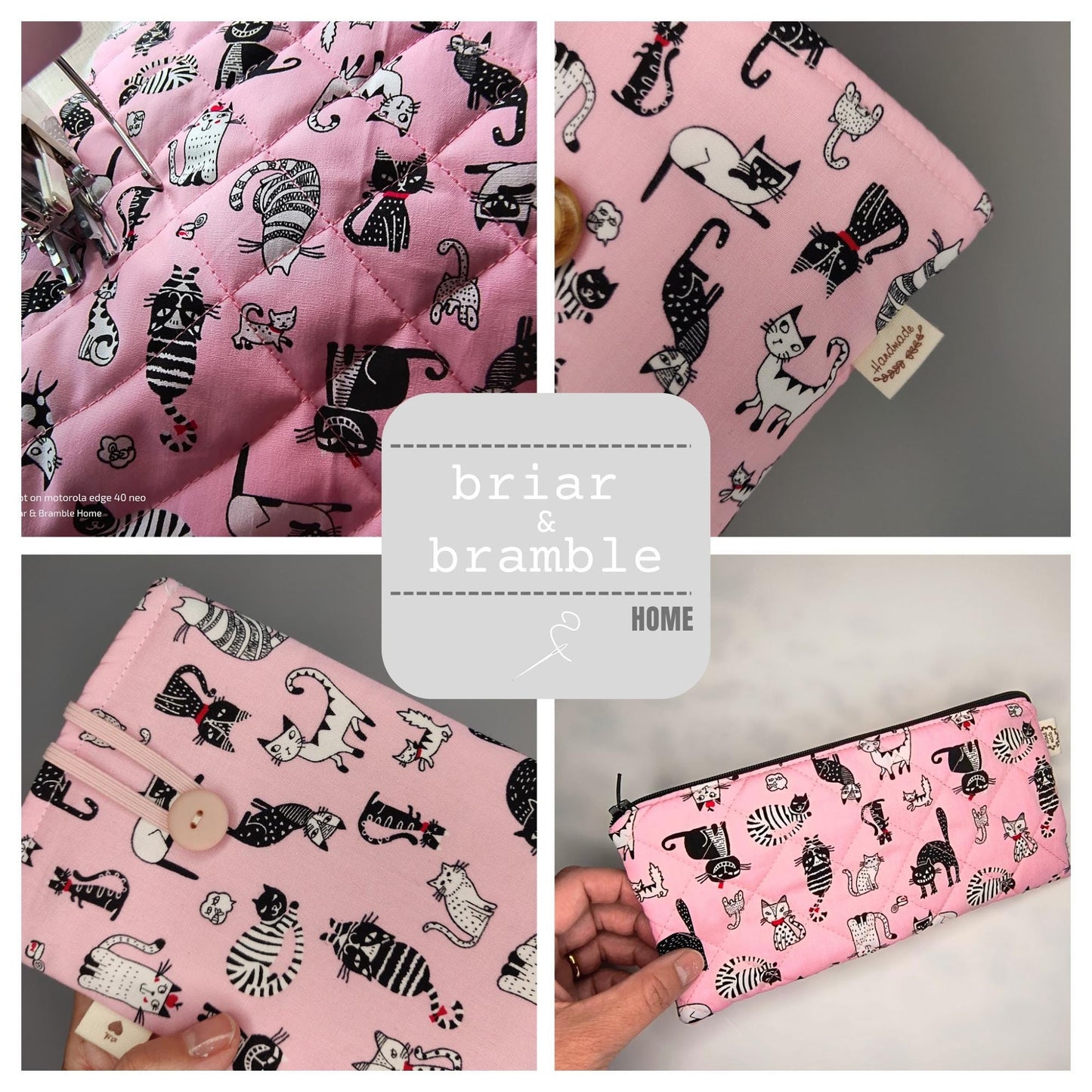 Handmade Pink Cat Print Pencil Case: Quilted Cotton Pen Pouch