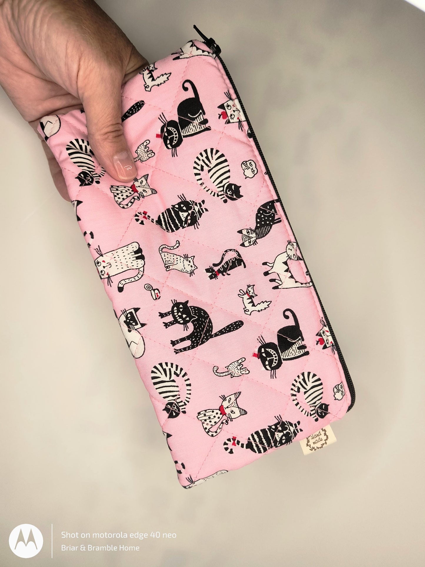Handmade Pink Cat Print Pencil Case: Quilted Cotton Pen Pouch