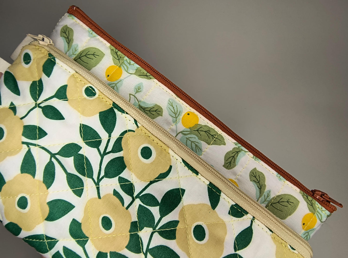 Floral Quilted Cotton Pencil Case: Green & Yellow Zipper Pouch