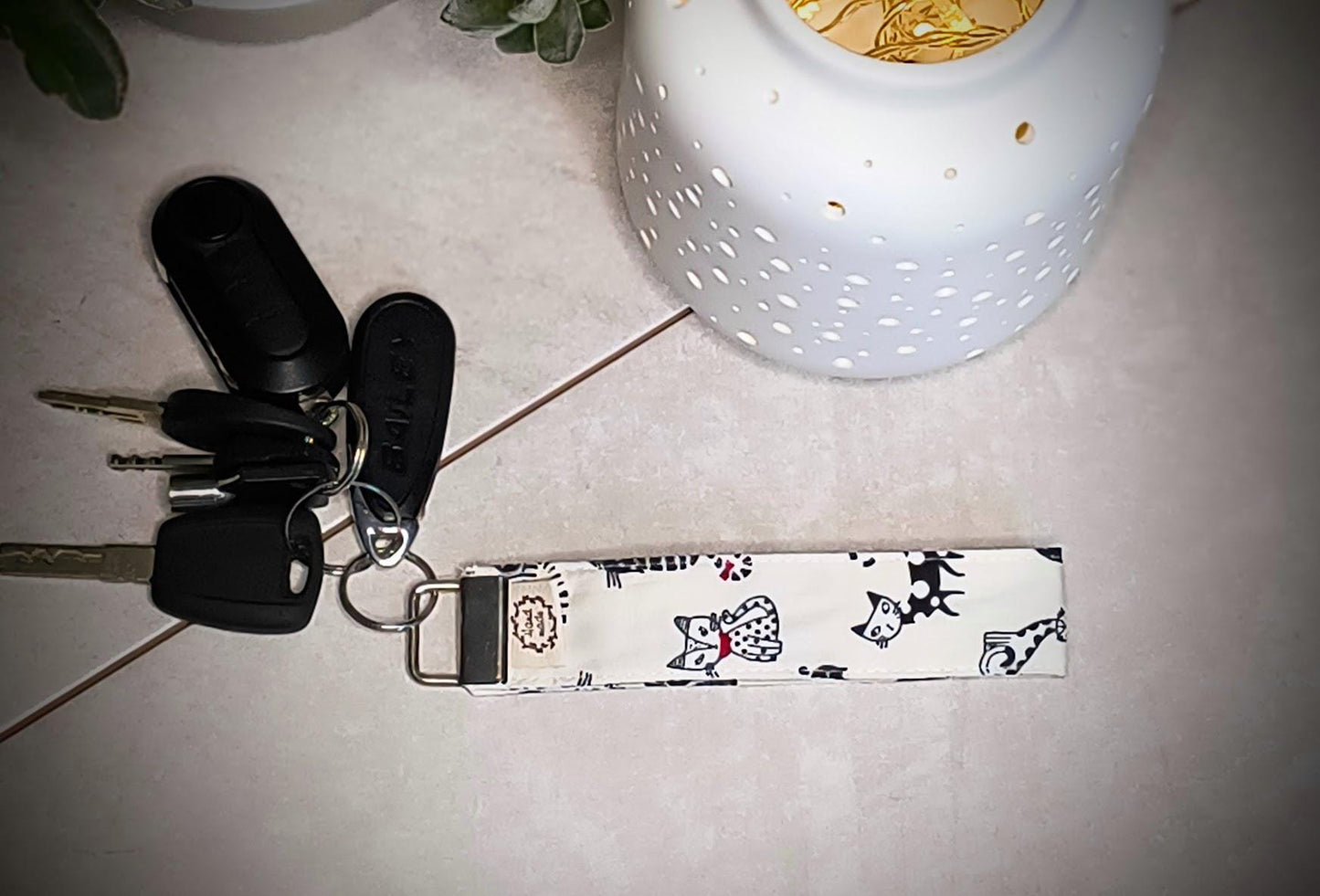 Cat Print Wristlet Keychain: Cotton Lanyard, Silver D Ring