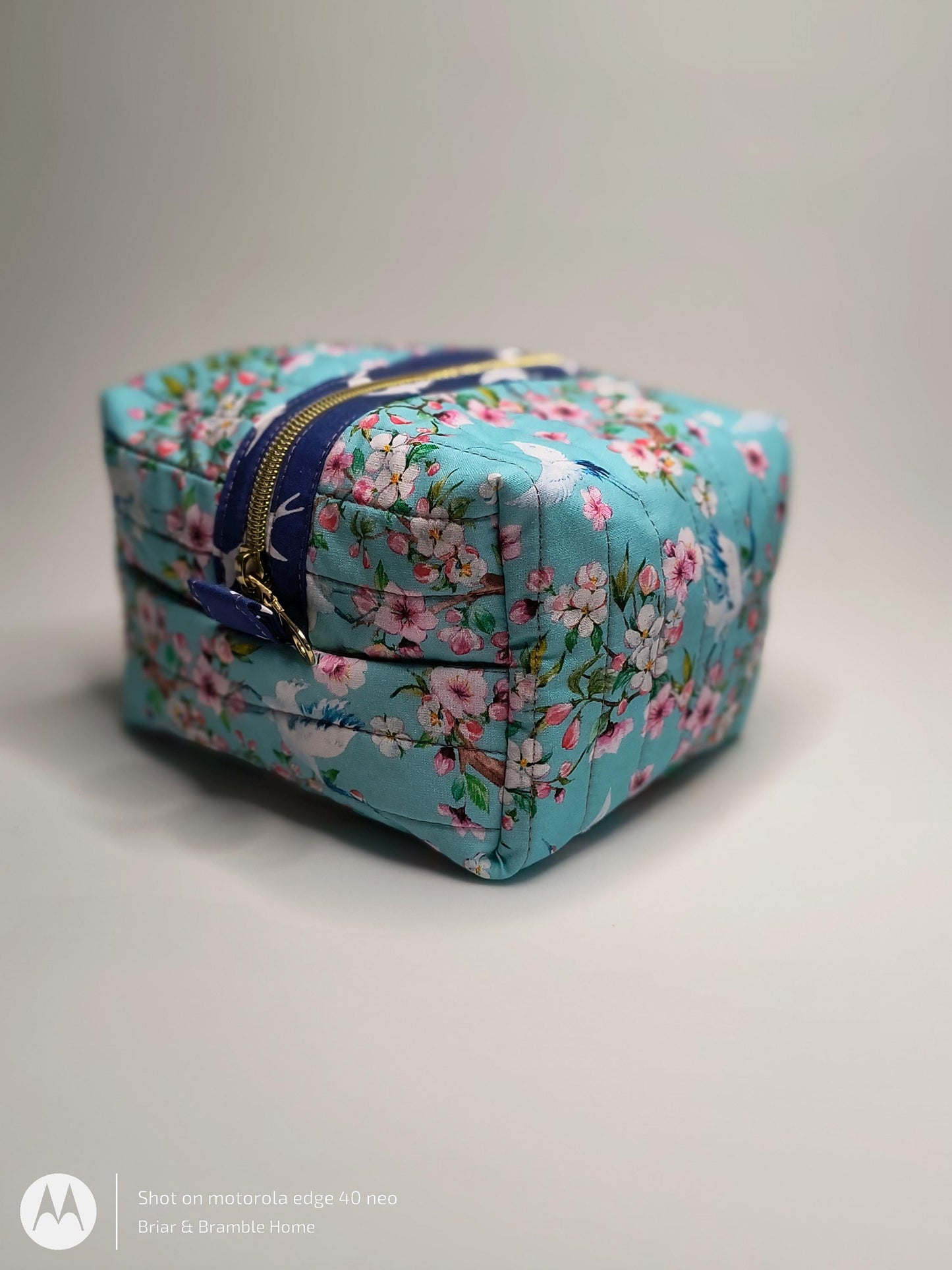 Handmade Floral Quilted Box Pouch: Cotton Cosmetic Bag