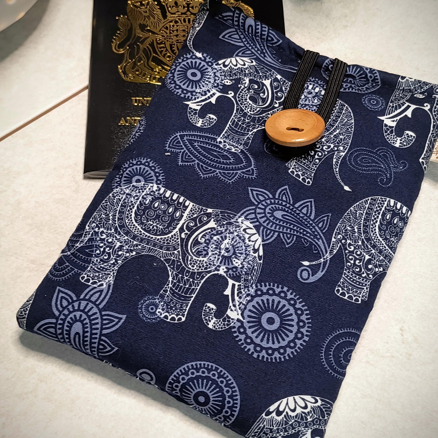 Elephant Print Passport Holder: Cotton Travel Wallet, Handmade