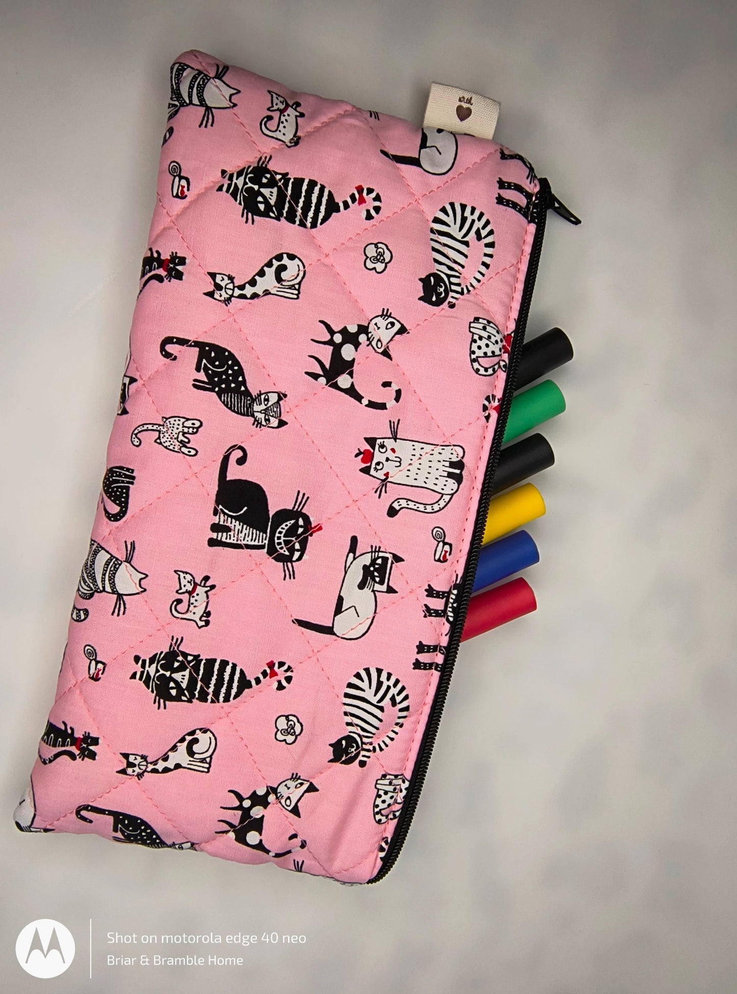 Handmade Pink Cat Print Pencil Case: Quilted Cotton Pen Pouch
