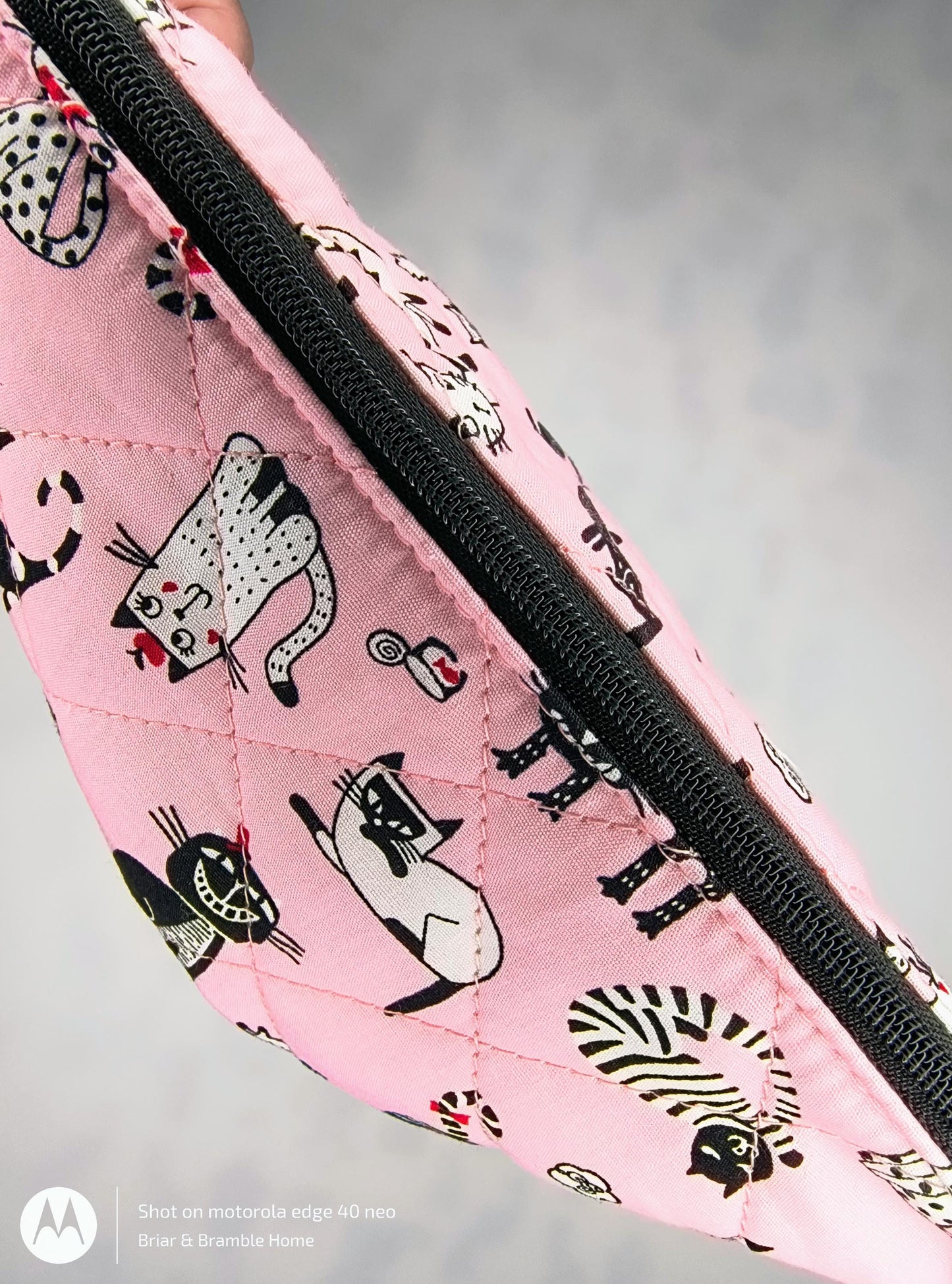 Handmade Pink Cat Print Pencil Case: Quilted Cotton Pen Pouch