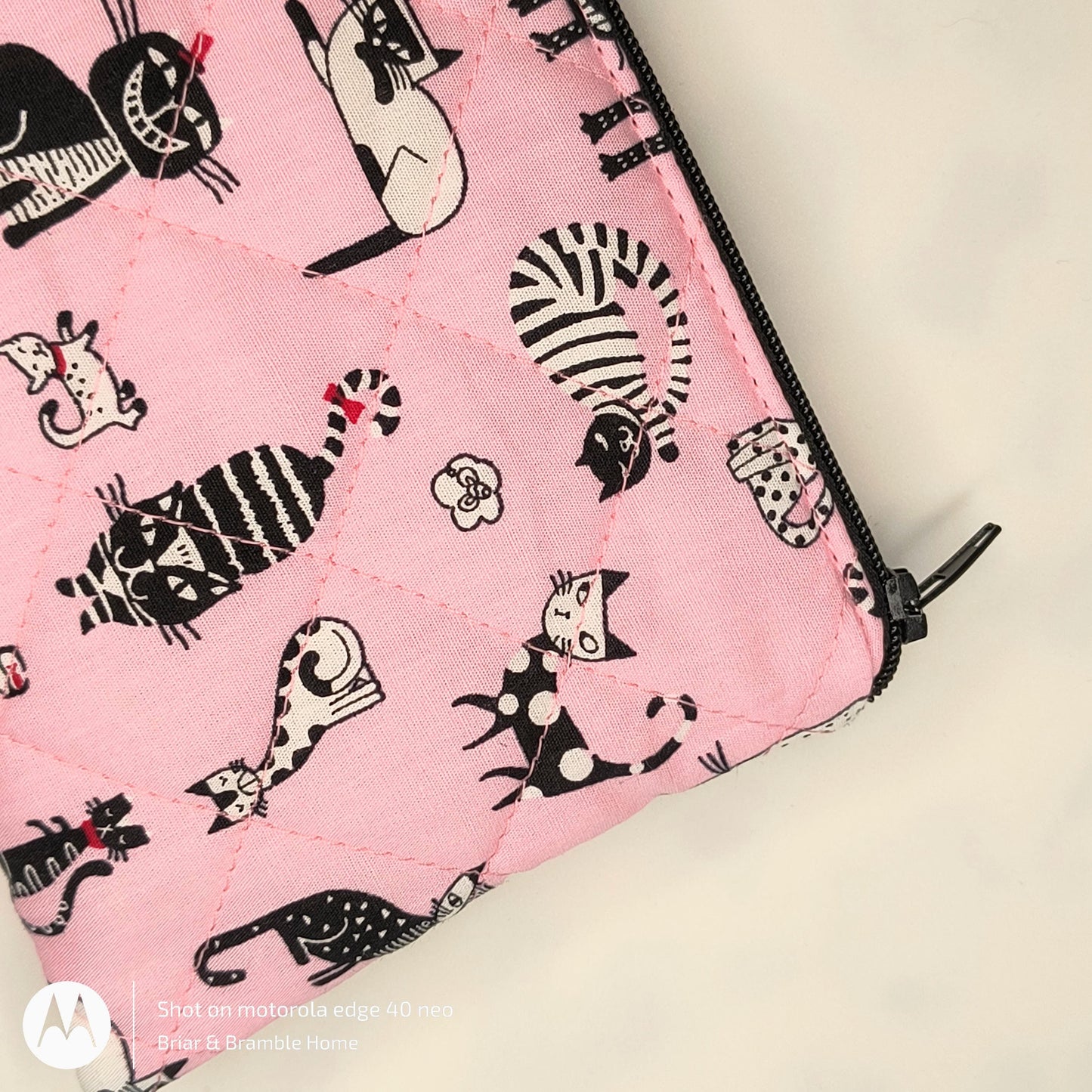 Handmade Pink Cat Print Pencil Case: Quilted Cotton Pen Pouch