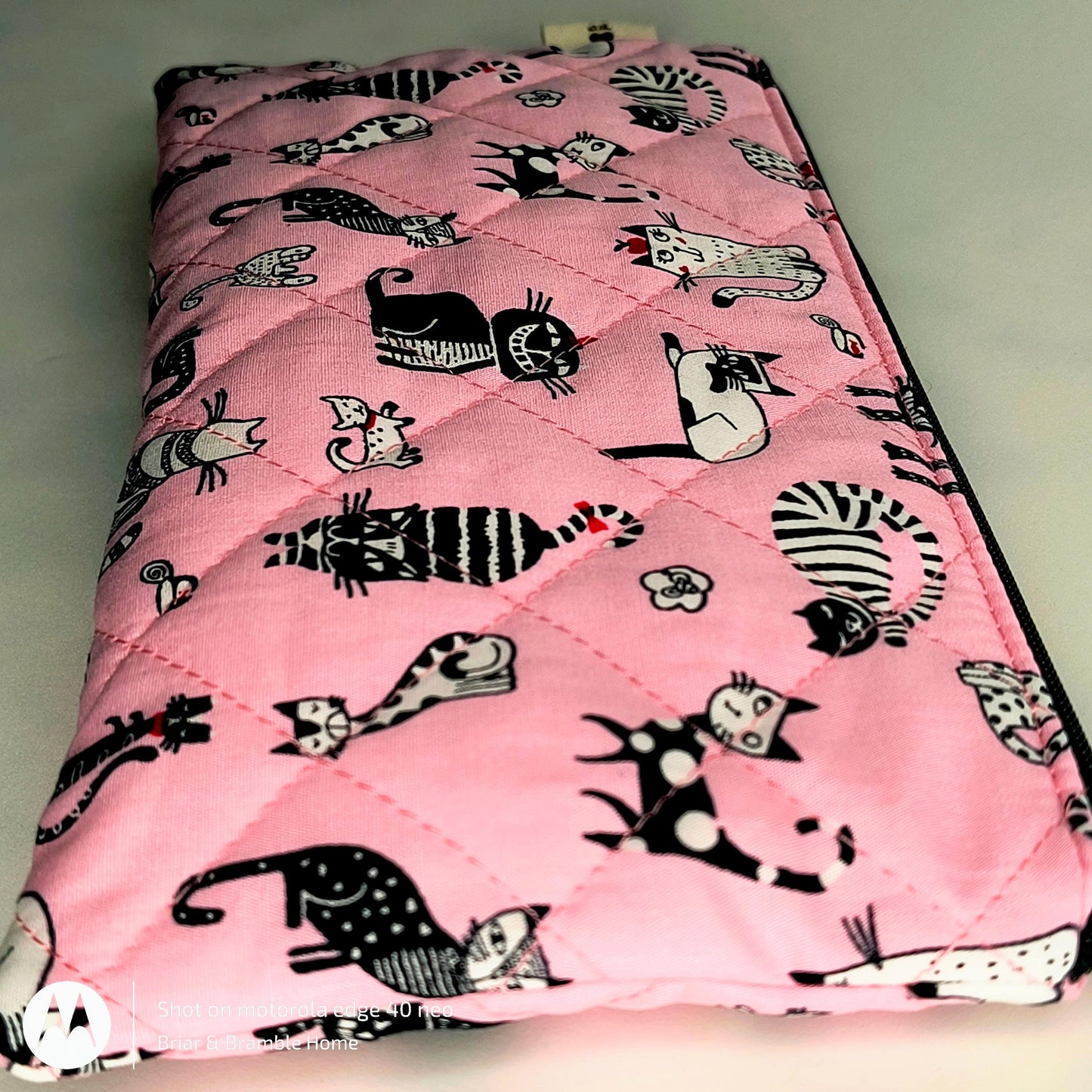 Handmade Pink Cat Print Pencil Case: Quilted Cotton Pen Pouch
