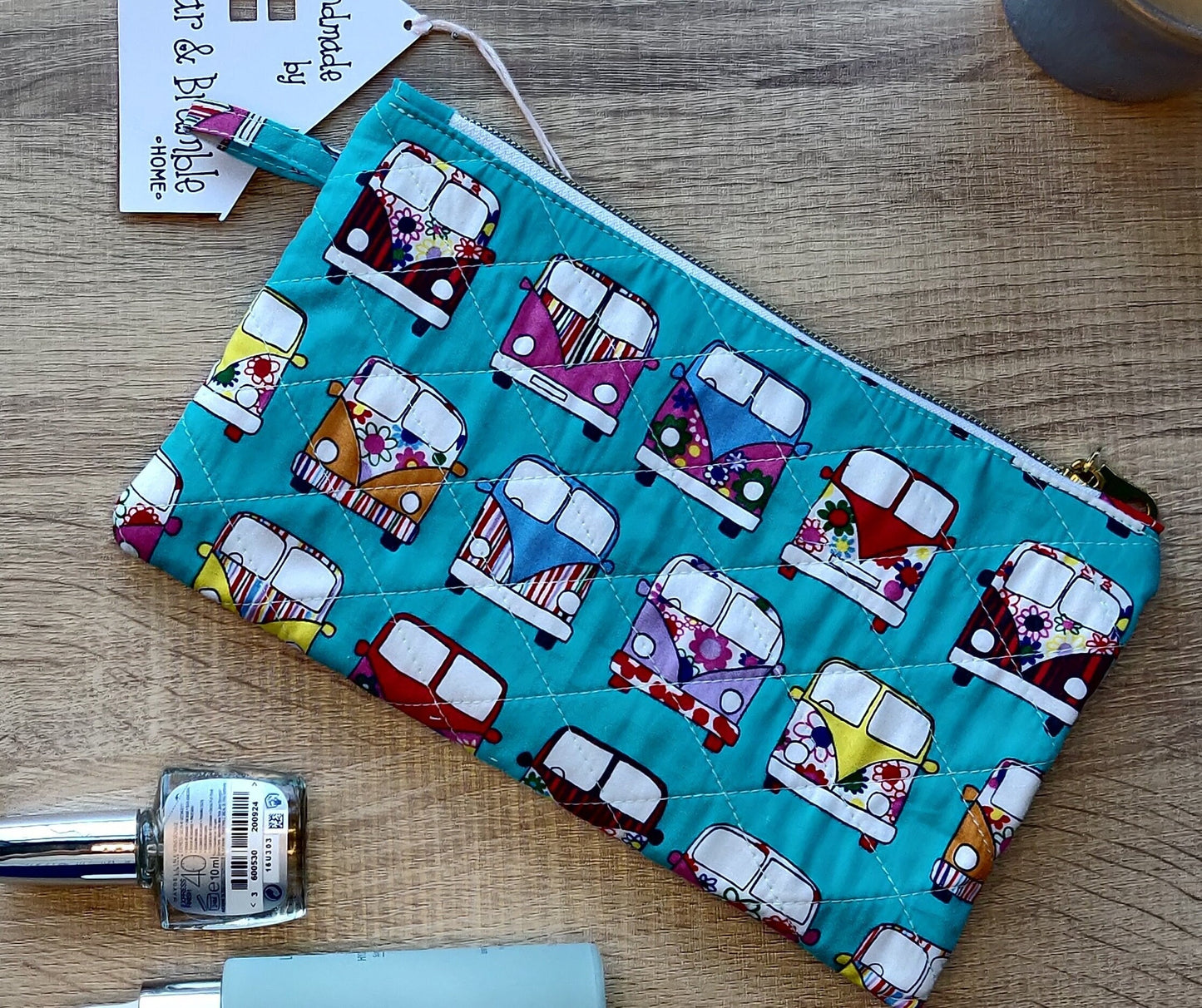 Handmade Quilted Zipper Pouch / Campervan Retro / Makeup Bag / Cotton Pencil Case / Travel Accessory