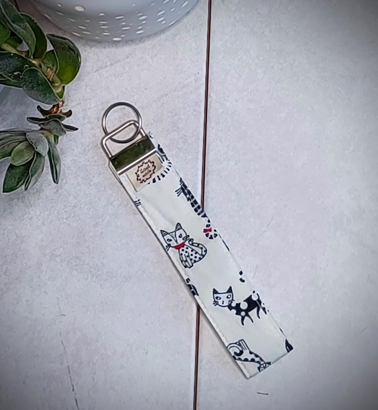 Cat Print Wristlet Keychain: Cotton Lanyard, Silver D Ring