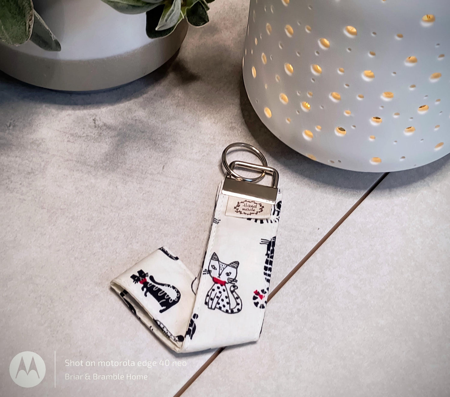 Cat Print Wristlet Keychain: Cotton Lanyard, Silver D Ring