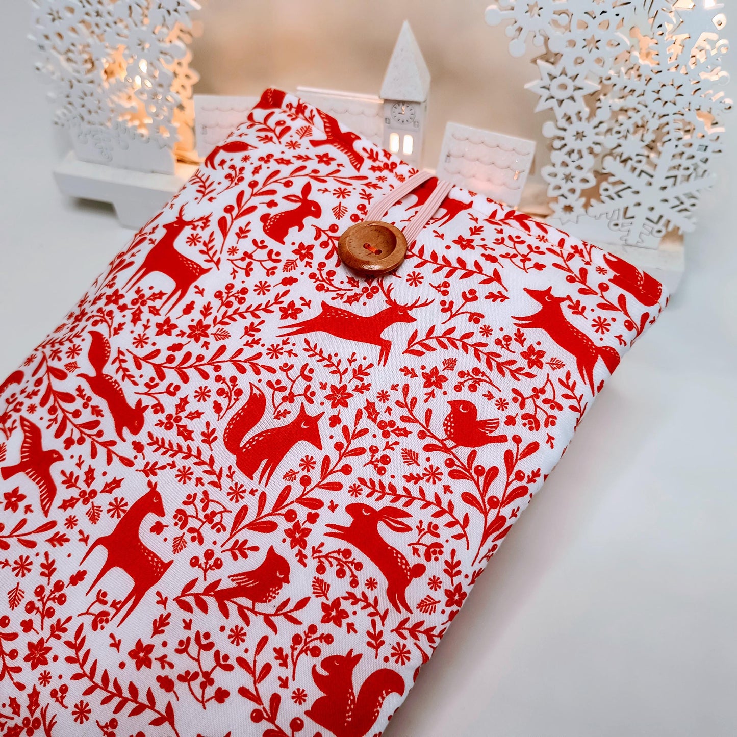 Festive Padded Book Sleeve: Winter Animals Print, Reader Gift