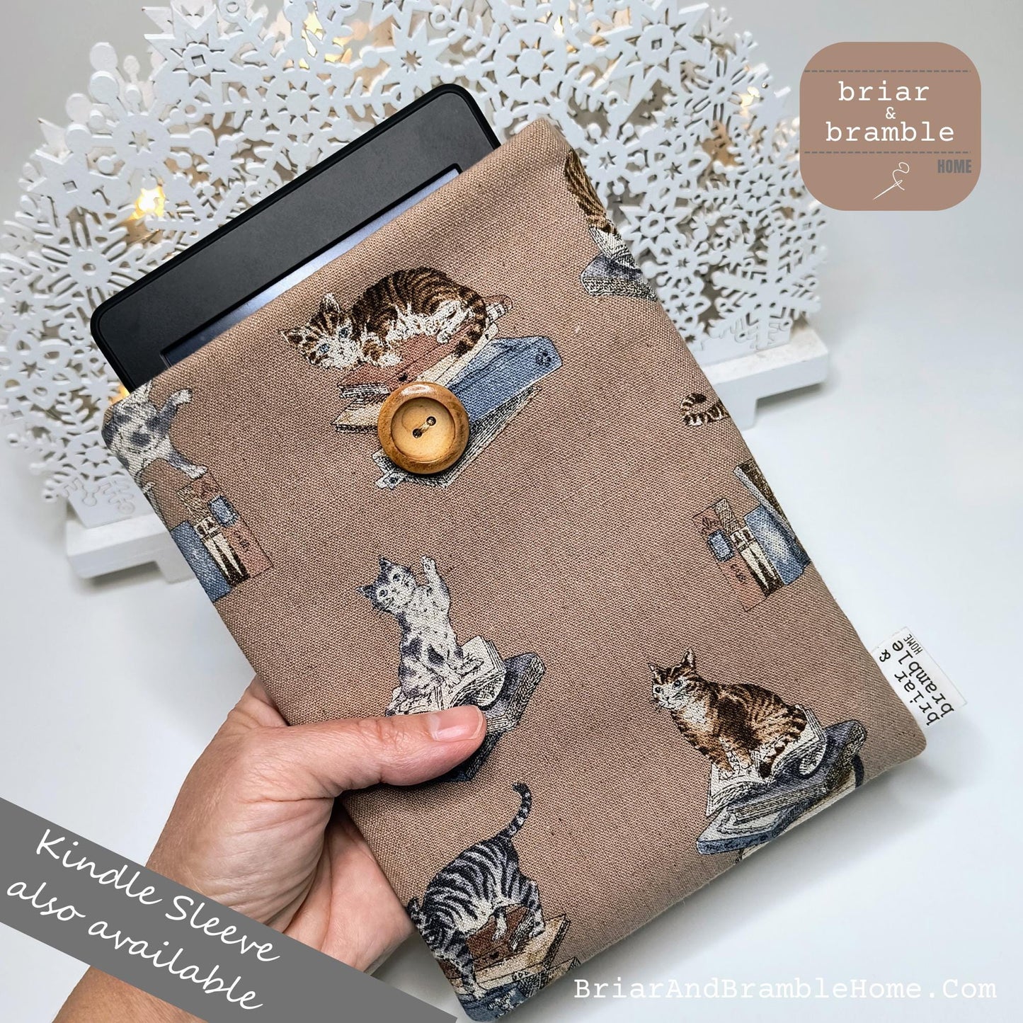 Handmade Cat Book Sleeve: Padded Linen Book Cover with Pocket