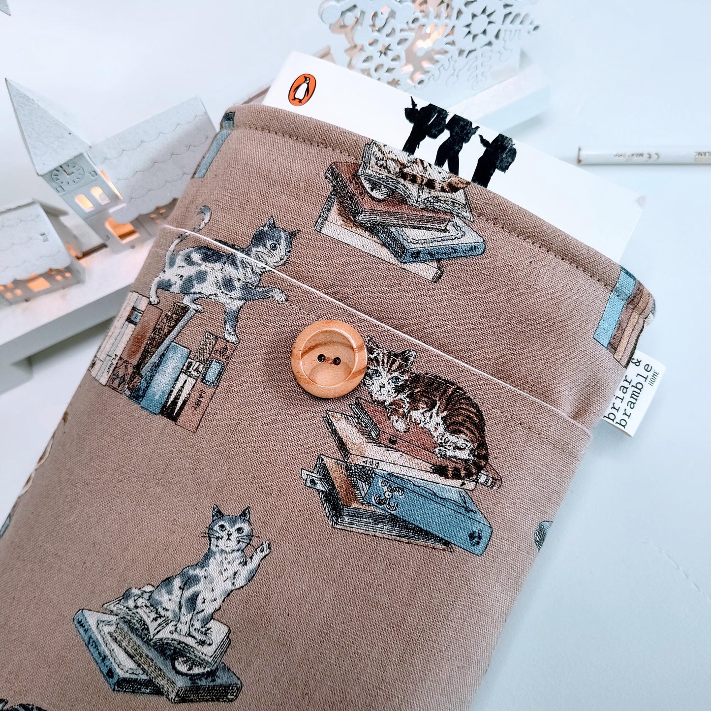 Handmade Cat Book Sleeve: Padded Linen Book Cover with Pocket