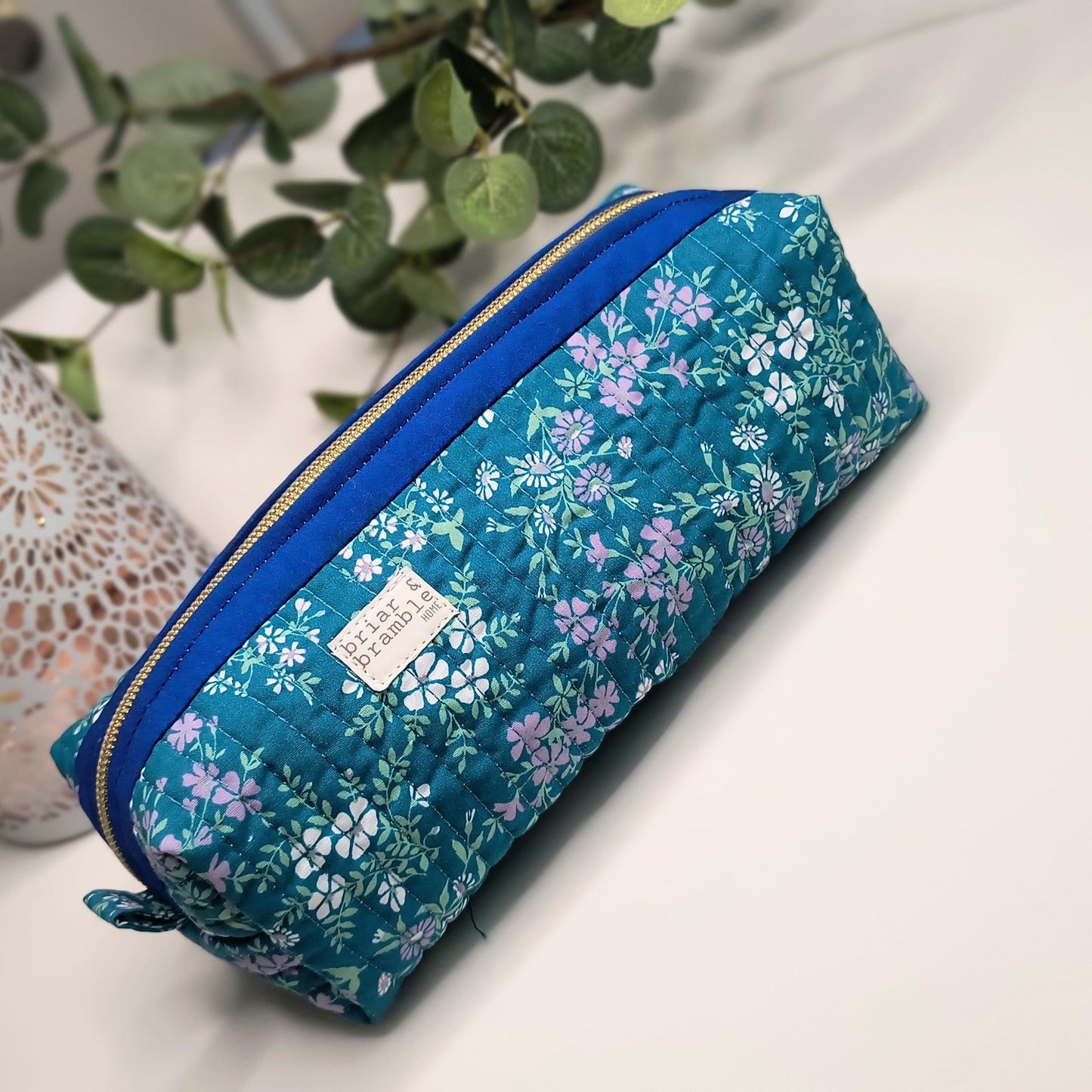 Teal Floral Quilted Makeup Bag: Handmade Zipper Pouch