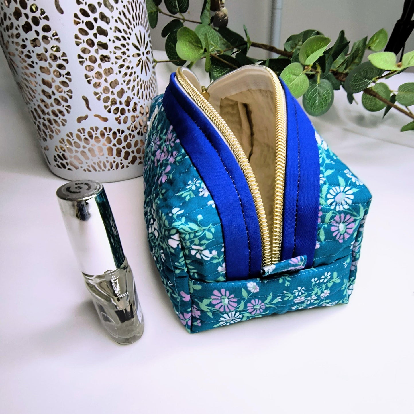 Teal Floral Quilted Makeup Bag: Handmade Zipper Pouch