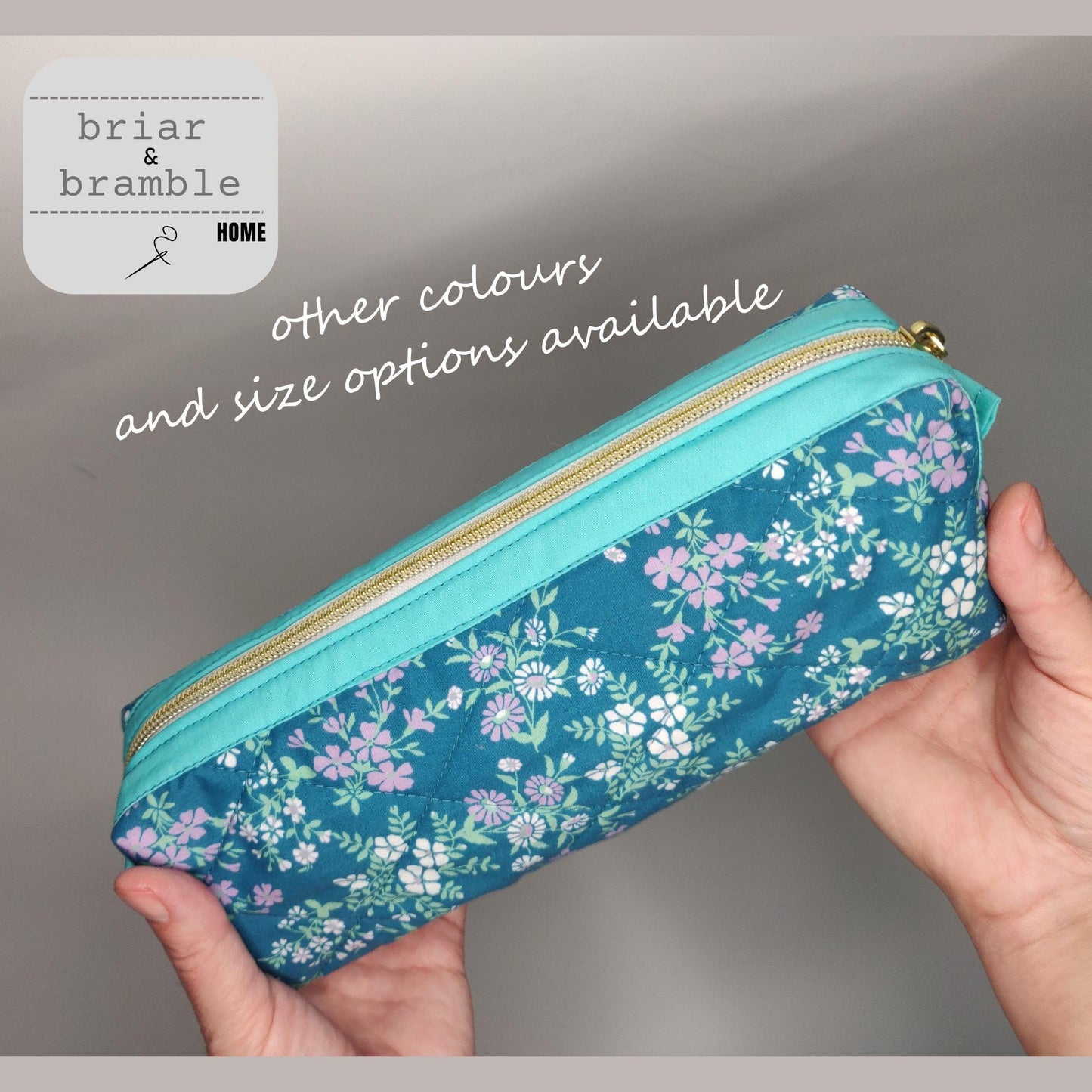 Teal Floral Quilted Makeup Bag: Handmade Zipper Pouch
