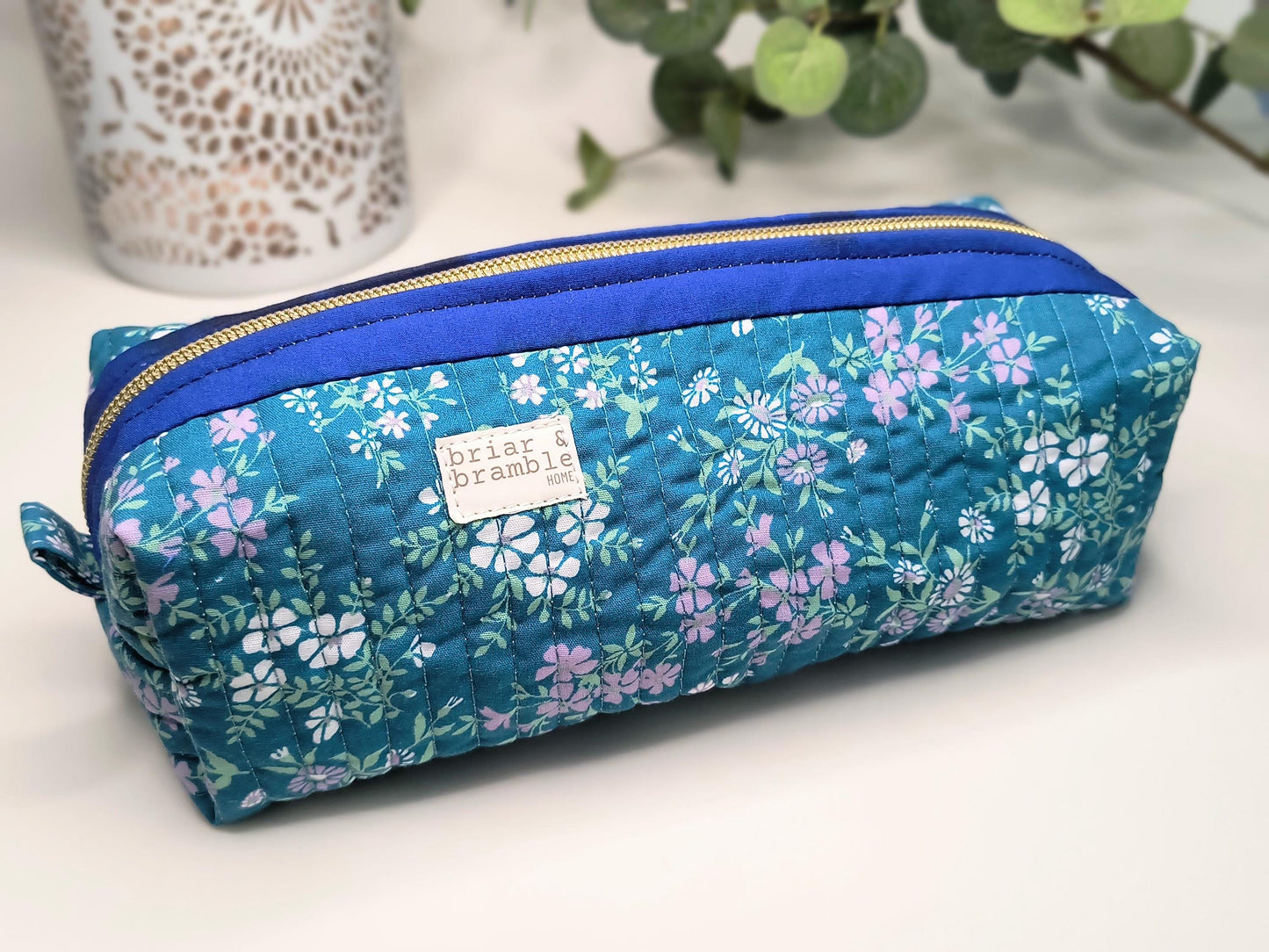 Teal Floral Quilted Makeup Bag: Handmade Zipper Pouch