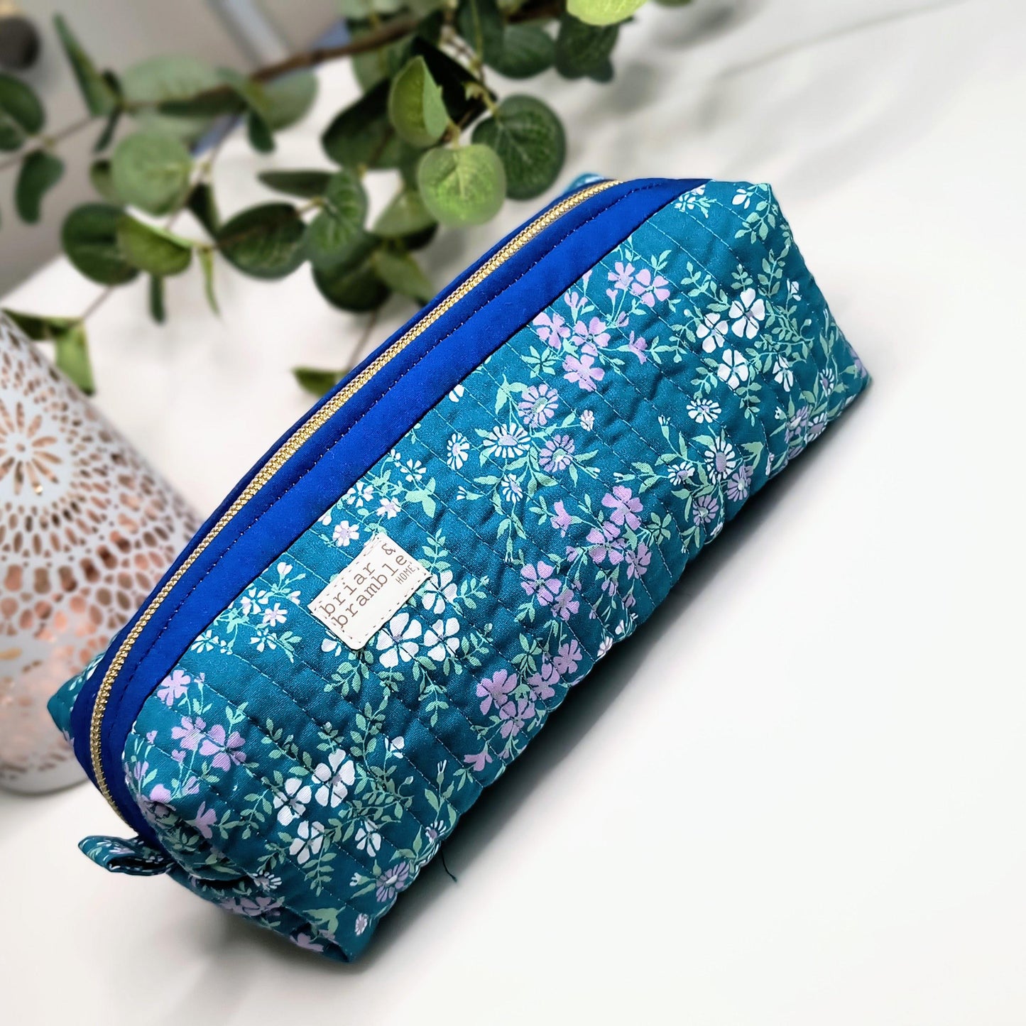 Teal Floral Quilted Makeup Bag: Handmade Zipper Pouch