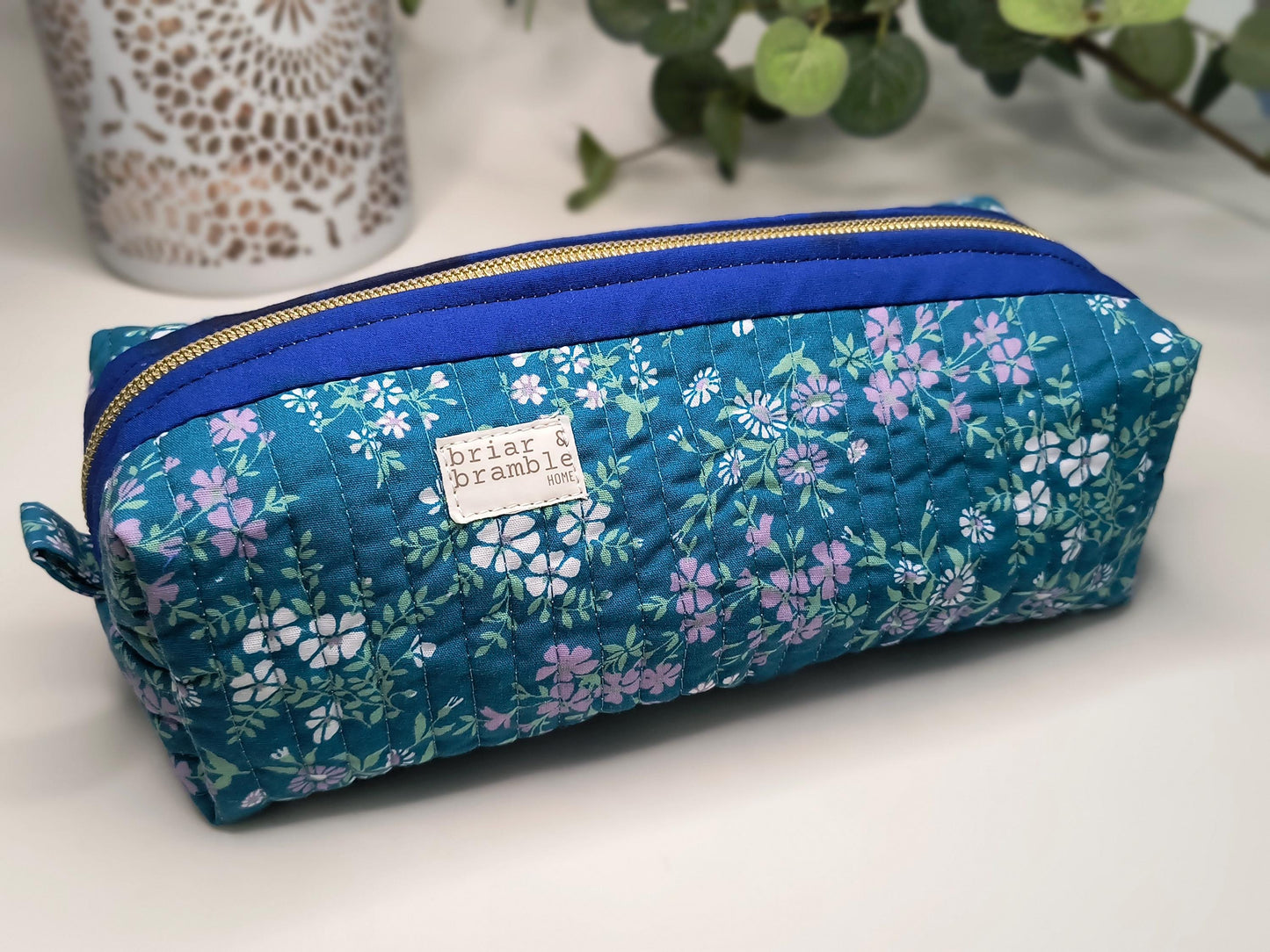 Teal Floral Quilted Makeup Bag: Handmade Zipper Pouch