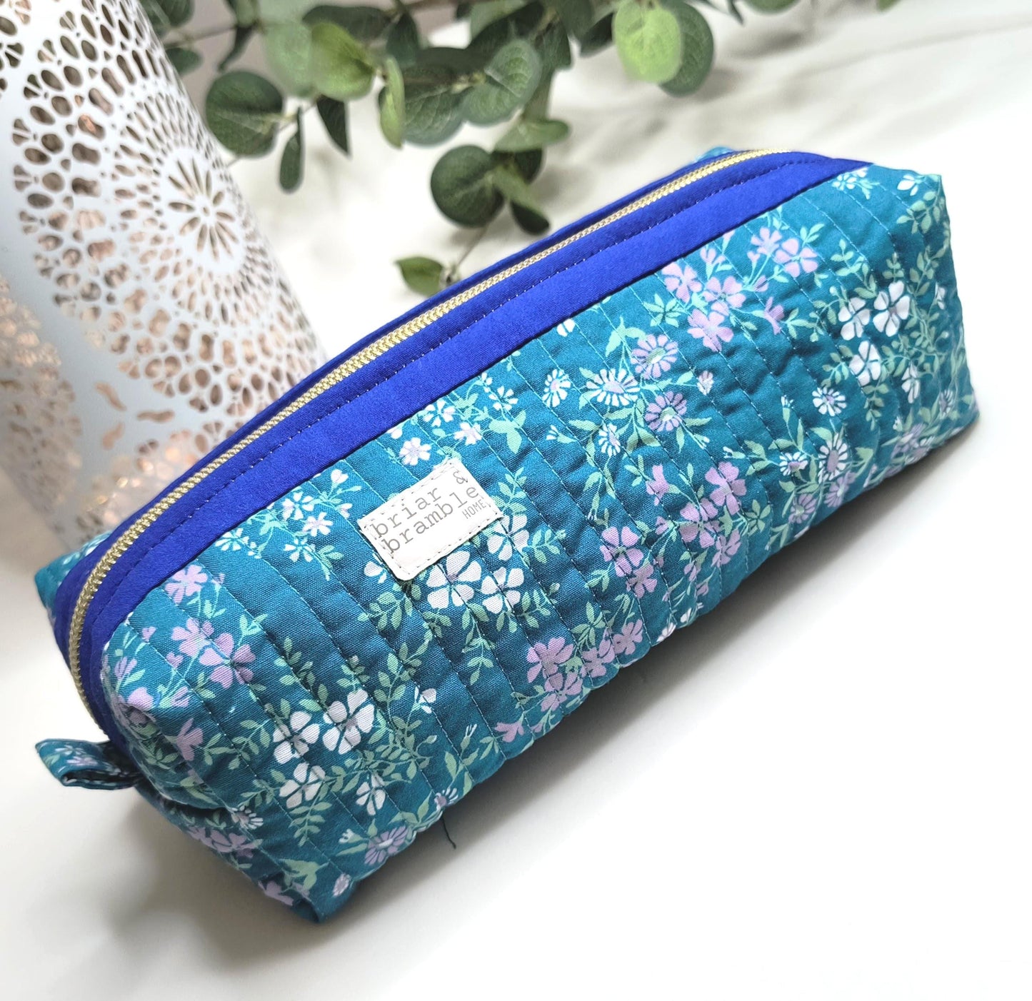 Teal Floral Quilted Makeup Bag: Handmade Zipper Pouch