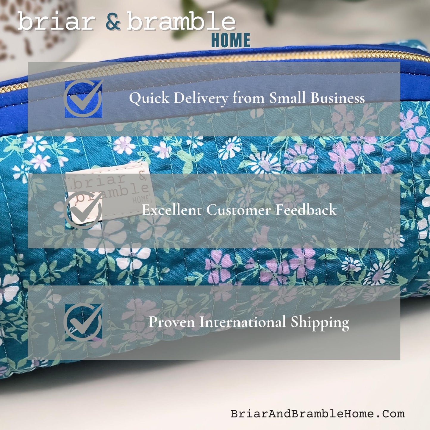 Teal Floral Quilted Makeup Bag: Handmade Zipper Pouch