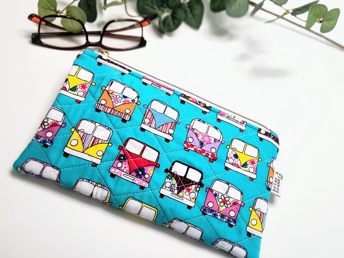 Handmade Quilted Zipper Pouch / Campervan Retro / Makeup Bag / Cotton Pencil Case / Travel Accessory