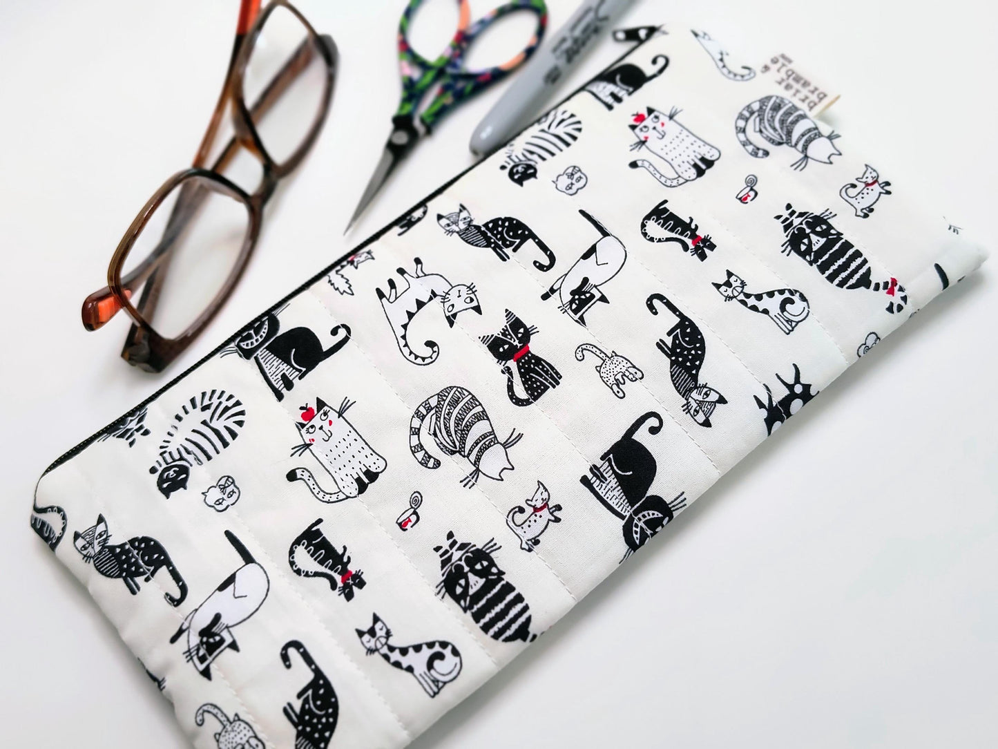 Handmade Cat Print Pencil Case: Quilted Cotton Pen Pouch