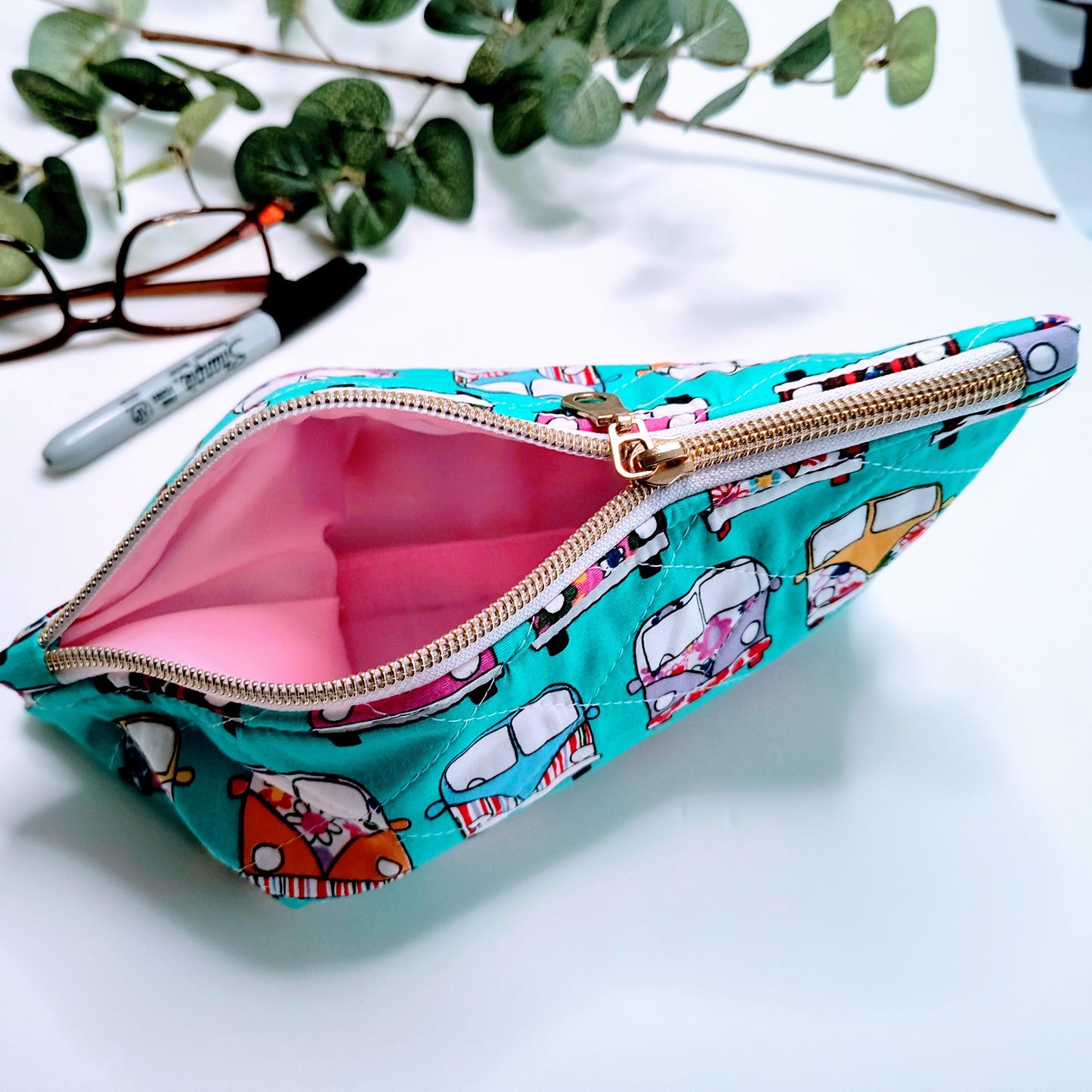 Handmade Quilted Zipper Pouch / Campervan Retro / Makeup Bag / Cotton Pencil Case / Travel Accessory