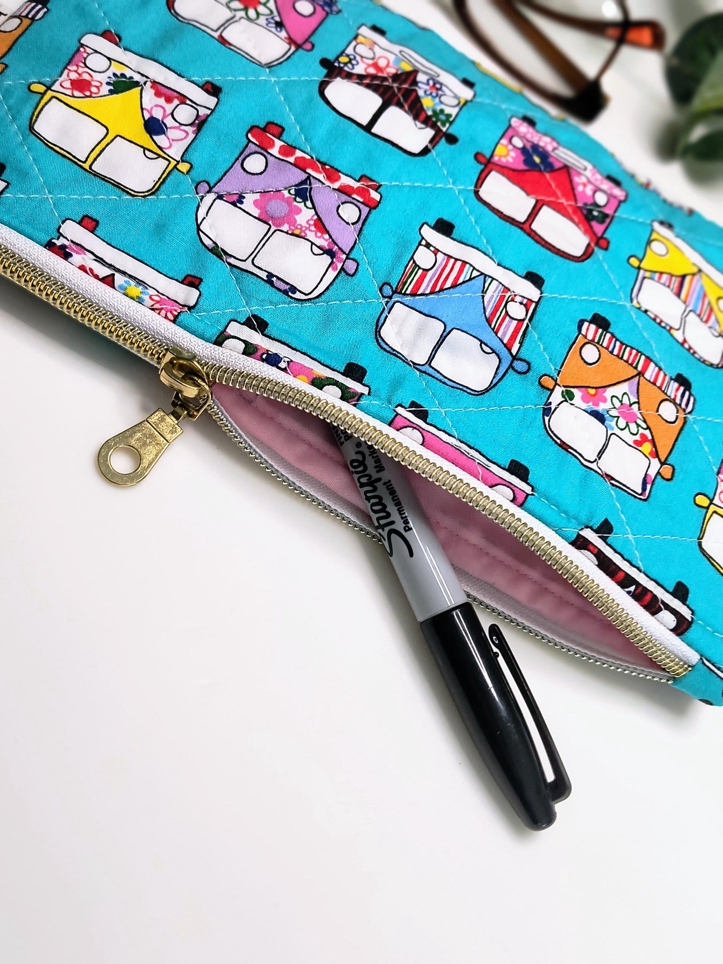 Handmade Quilted Zipper Pouch / Campervan Retro / Makeup Bag / Cotton Pencil Case / Travel Accessory