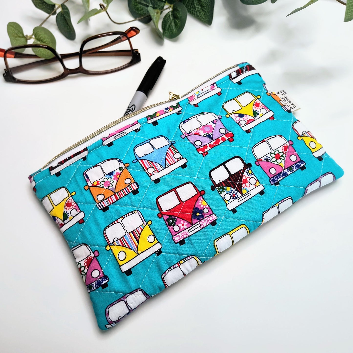 Handmade Quilted Zipper Pouch / Campervan Retro / Makeup Bag / Cotton Pencil Case / Travel Accessory