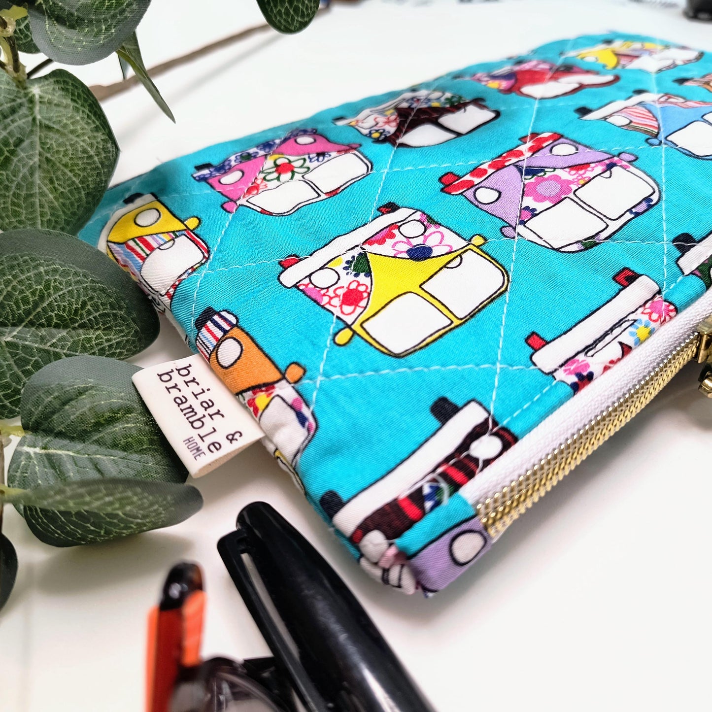 Handmade Quilted Zipper Pouch / Campervan Retro / Makeup Bag / Cotton Pencil Case / Travel Accessory