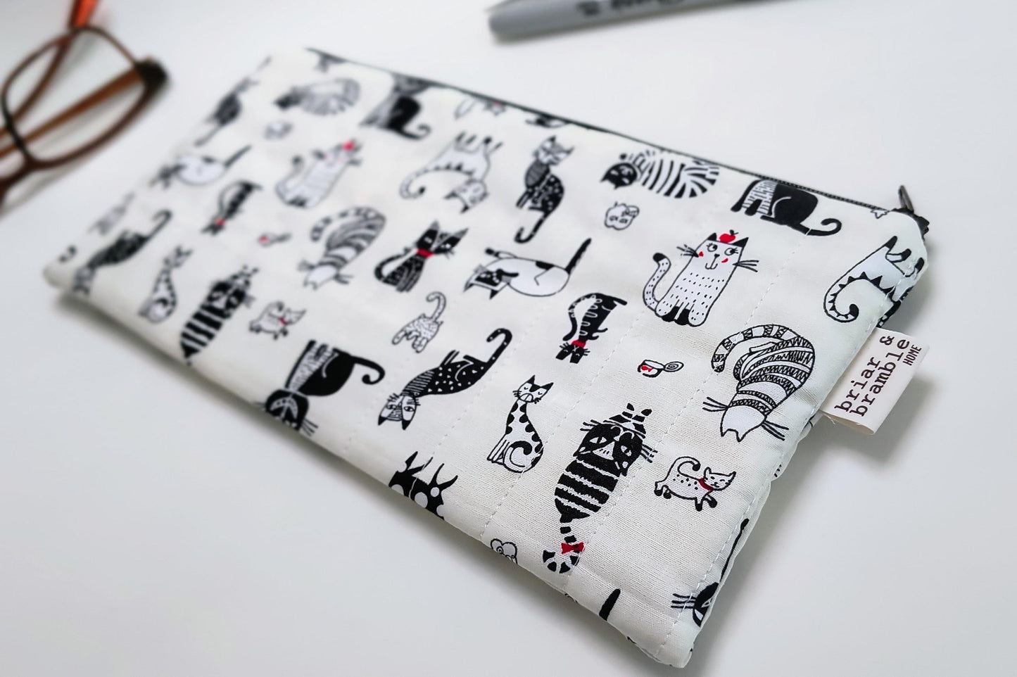 Handmade Cat Print Pencil Case: Quilted Cotton Pen Pouch