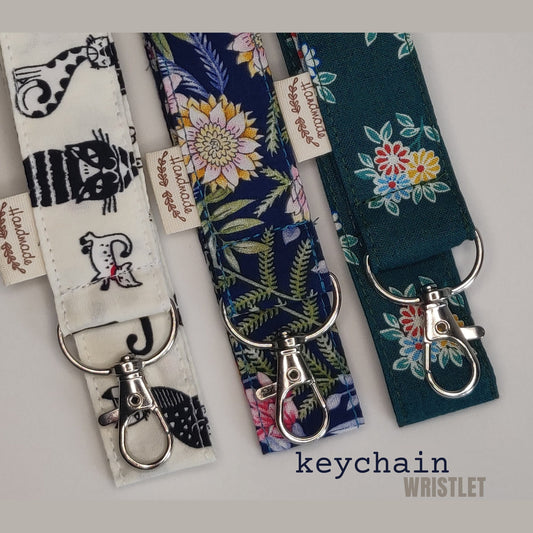 Floral Cotton Wristlet Keychain: Silver Swivel Clasp Keyring