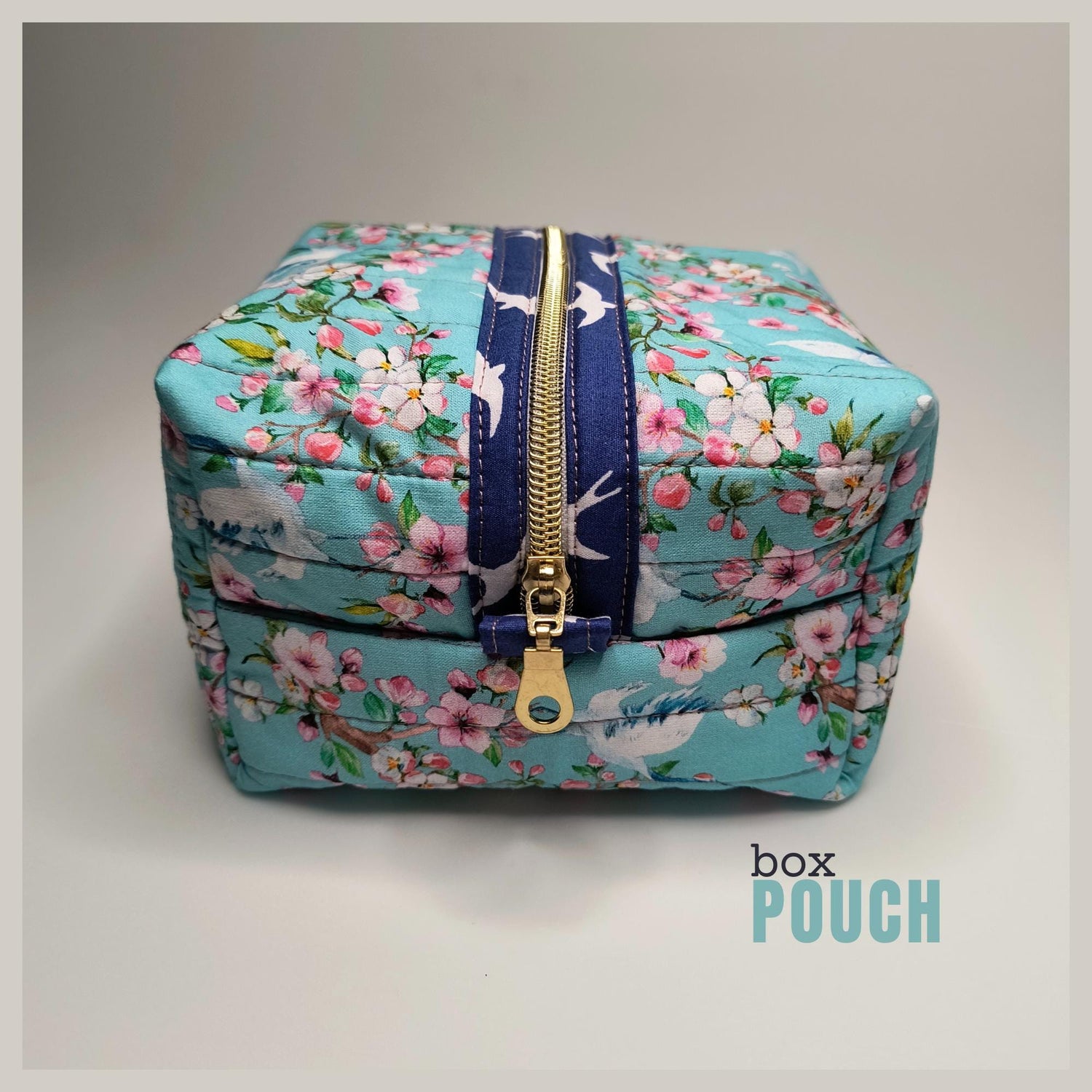 Handmade Floral Quilted Box Pouch: Cotton Cosmetic Bag