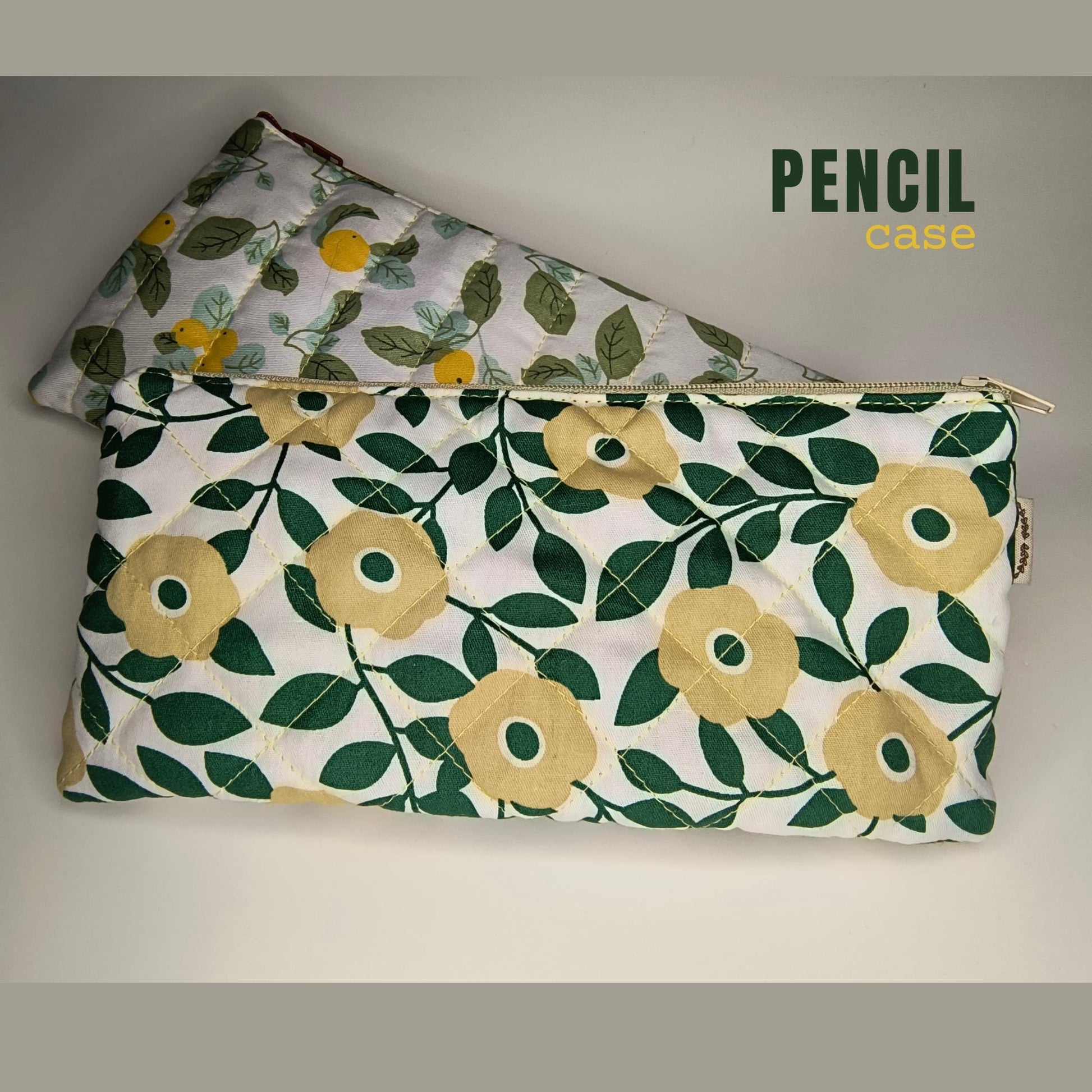 Floral Quilted Cotton Pencil Case: Green & Yellow Zipper Pouch