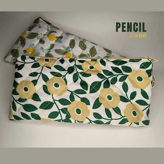 Floral Quilted Cotton Pencil Case: Green & Yellow Zipper Pouch