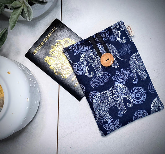 Elephant Print Passport Holder: Cotton Travel Wallet, Handmade